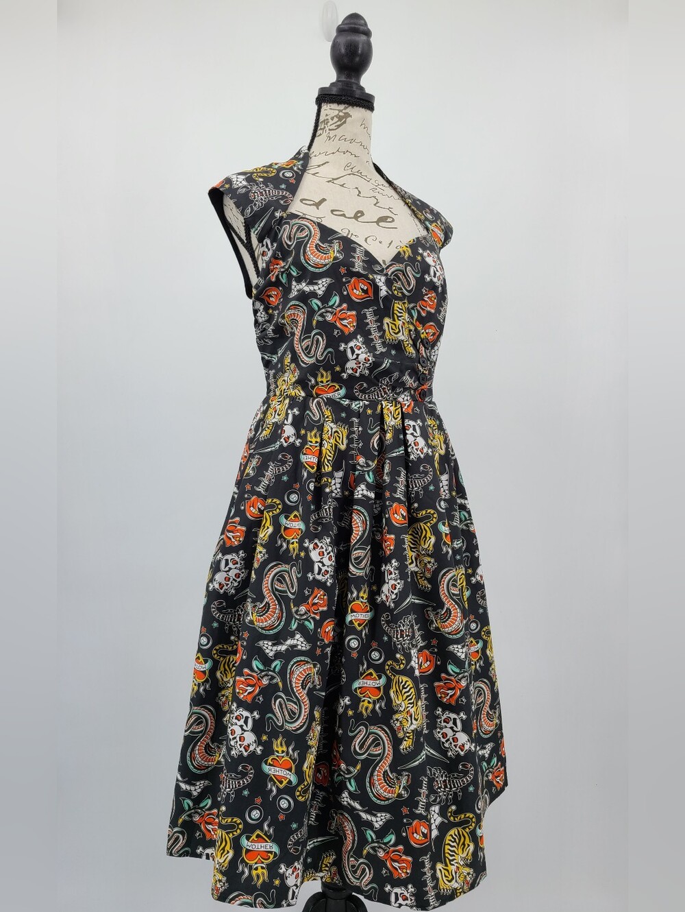 Modcloth Black Cotton Tattoo Print Fit And Flare Dress Size Medium